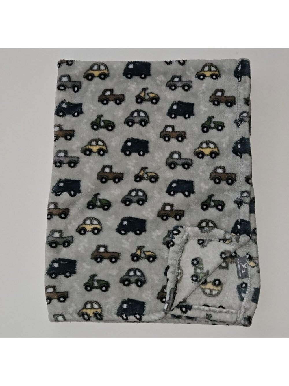 Adirondack Baby Blanket Fleece 28x38 Gray Vehicles Cars Trucks Blue Yellow Green